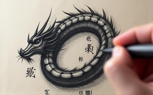 壁画デザインのための神獣の木炭スケッチ